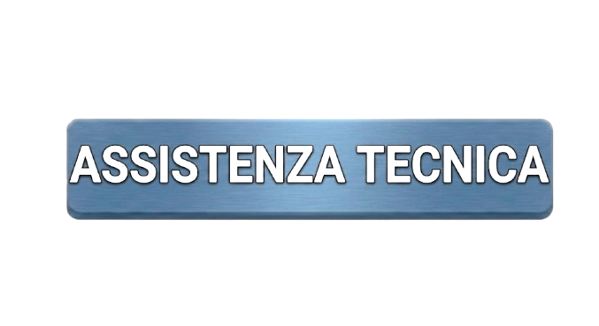Scritta “ASSISTENZA TECNICA” su pulsante blu con bordo metallico, sfondo nero.